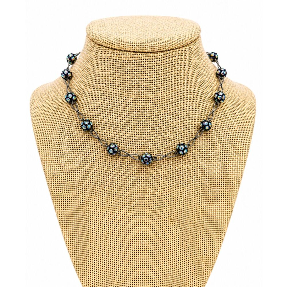 VINTAGE AB RHINESTONE Necklace Aurora Borealis Crystal Station Gunmetal